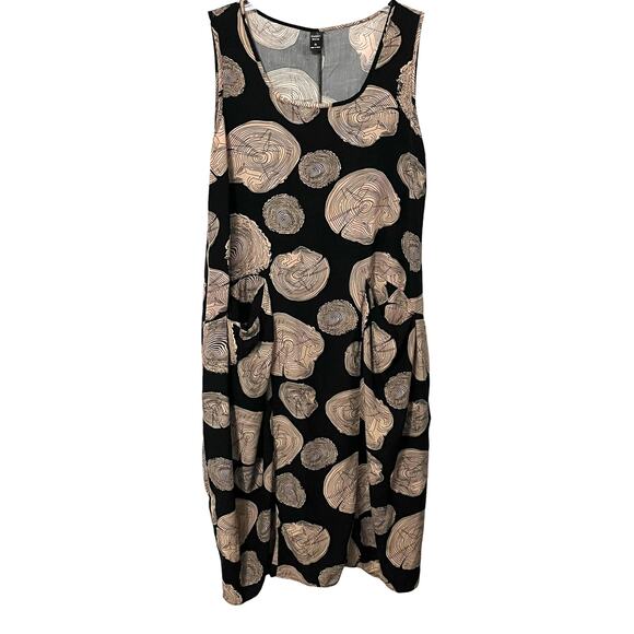 EMERY ROSE MIDI ABOVE ANKLE SLEEVELESS A-LINE DRESS, WOMENS-XL-TAN & BLACK ABSTR - Picture 1 of 9